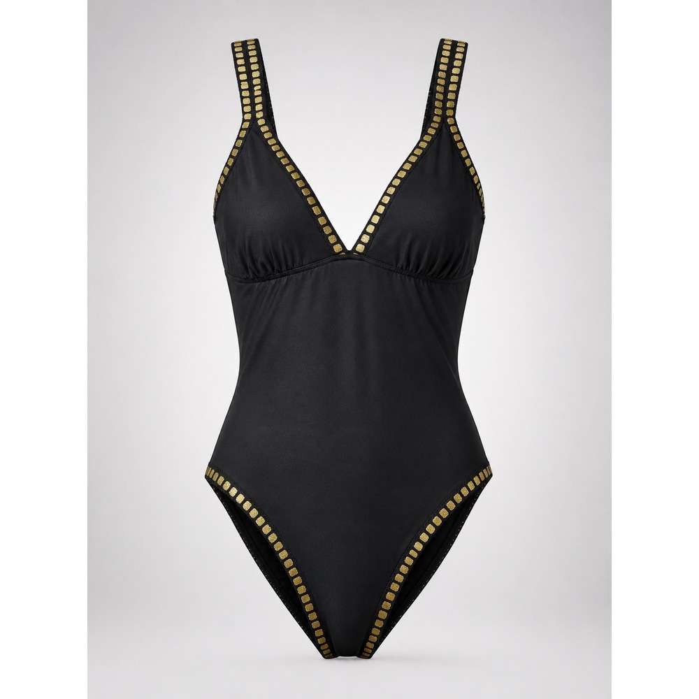 Gibson Latimer One Piece Swimsuit Size L Black Gold‎ Trim Resortwear Vacation